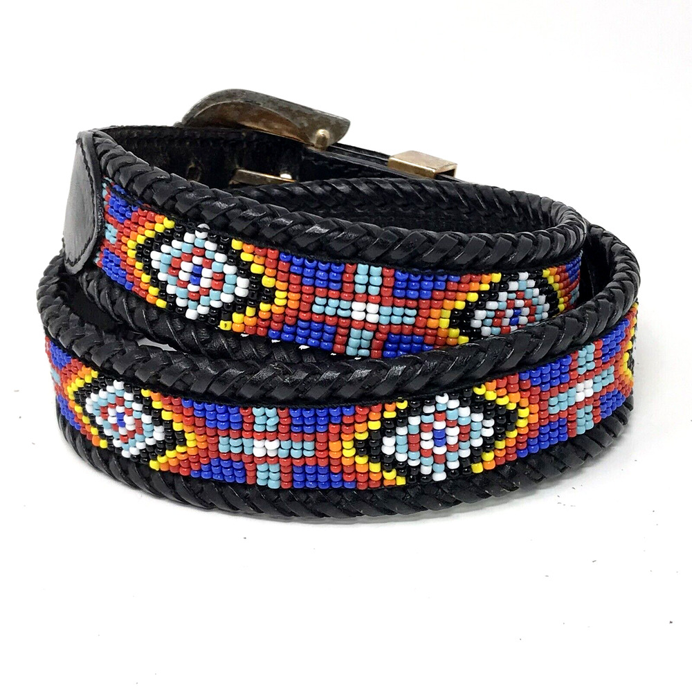 VTG LL Bean Southwestern Belt Size 28 Beaded Black Leather Braided 1991 Native